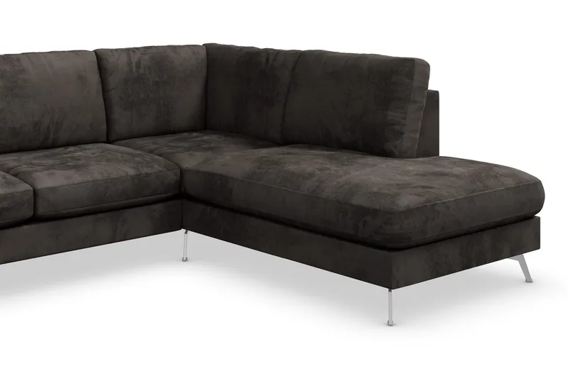 Ocean Lyx 6-seters Høyrevendt U-formet Sofa med Divan og Sjeselong + Fotskammel i Fløyel - Mørk grå - Møbler - Sofaer - U-sofa