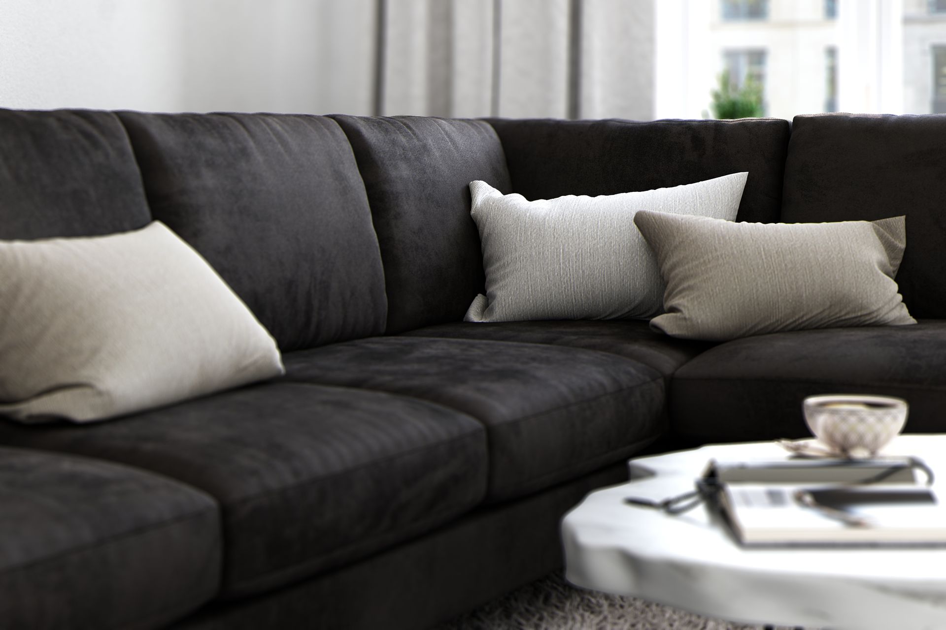 Ocean Lyx 6-seters Høyrevendt U-formet Sofa med Divan og Sjeselong + Fotskammel i Fløyel - Mørk grå - Møbler - Sofaer - Sofa med sjeselong