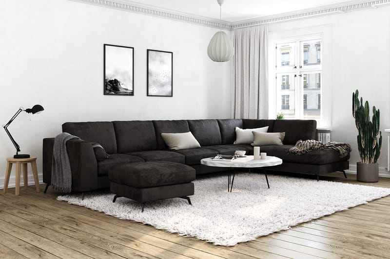 Ocean Lyx 6-seters Høyrevendt U-formet Sofa med Divan og Sjeselong + Fotskammel i Fløyel - Mørk grå - Møbler - Sofaer - Sofa med sjeselong