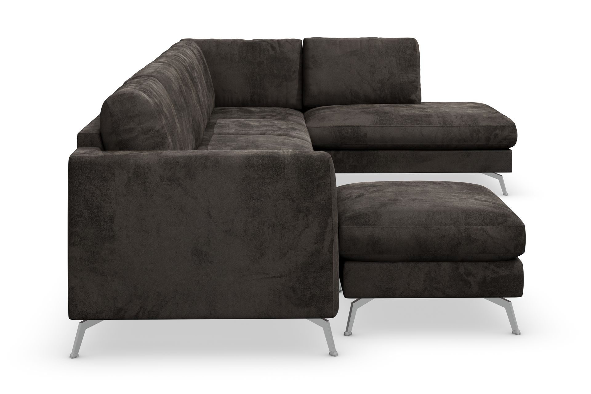 Ocean Lyx 6-seters Høyrevendt U-formet Sofa med Divan og Sjeselong + Fotskammel i Fløyel - Mørk grå - Møbler - Sofaer - Sofa med sjeselong