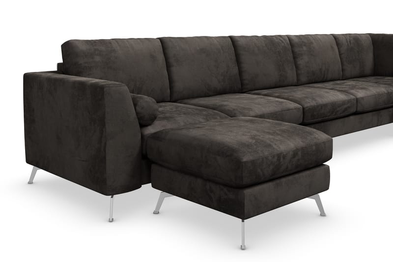 Ocean Lyx 6-seters Høyrevendt U-formet Sofa med Divan og Sjeselong + Fotskammel i Fløyel - Mørk grå - Møbler - Sofaer - Sofa med sjeselong