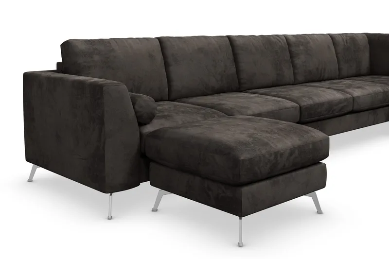Ocean Lyx 6-seters Høyrevendt U-formet Sofa med Divan og Sjeselong + Fotskammel i Fløyel - Mørk grå - Møbler - Sofaer - U-sofa