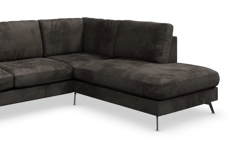 Ocean Lyx 6-seters Høyrevendt U-formet Sofa med Divan og Sjeselong + Fotskammel i Fløyel - Mørk grå - Møbler - Sofaer - U-sofa