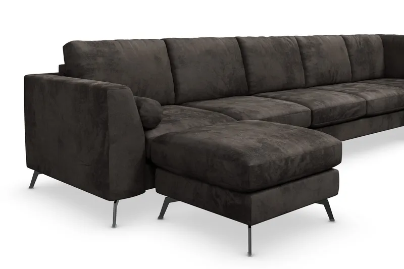 Ocean Lyx 6-seters Høyrevendt U-formet Sofa med Divan og Sjeselong + Fotskammel i Fløyel - Mørk grå - Møbler - Sofaer - U-sofa