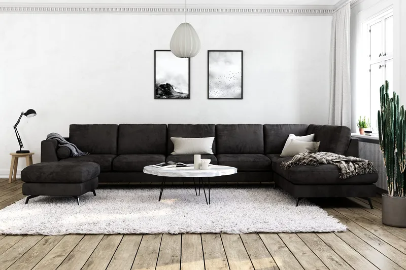 Ocean Lyx 6-seters Høyrevendt U-formet Sofa med Divan og Sjeselong + Fotskammel i Fløyel - Mørk grå - Møbler - Sofaer - U-sofa