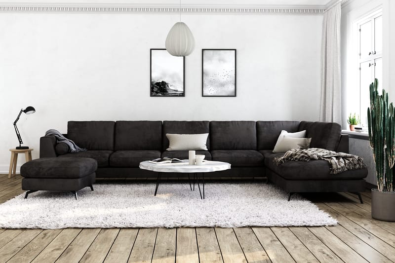 Ocean Lyx 6-seters Høyrevendt U-formet Sofa med Divan og Sjeselong + Fotskammel i Fløyel - Mørk grå - Møbler - Sofaer - U-sofa