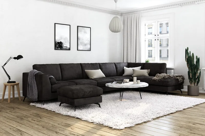 Ocean Lyx 6-seters Høyrevendt U-formet Sofa med Divan og Sjeselong + Fotskammel i Fløyel - Mørk grå - Møbler - Sofaer - U-sofa