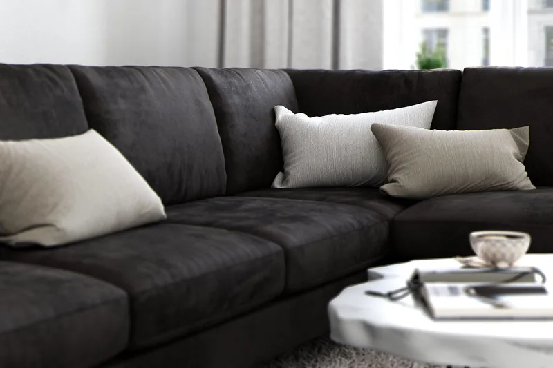 Ocean Lyx 6-seters Høyrevendt U-formet Sofa med Divan og Sjeselong + Fotskammel i Fløyel - Mørk grå - Møbler - Sofaer - U-sofa