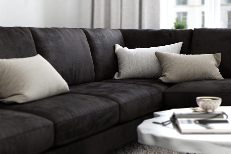 Ocean Lyx 6-seters Høyrevendt U-formet Sofa med Divan og Sjeselong + Fotskammel i Fløyel - Mørk grå - Møbler - Sofaer - U-sofa