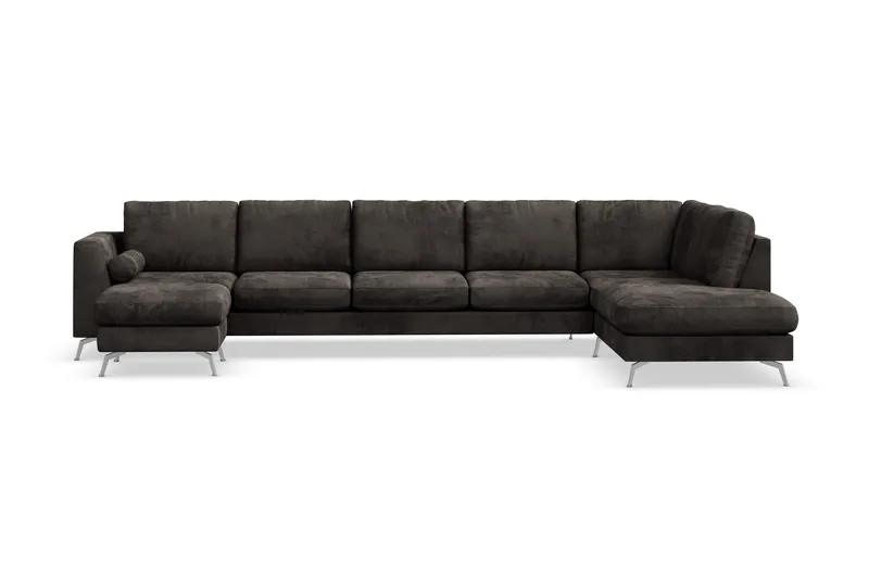 Ocean Lyx 6-seters Høyrevendt U-formet Sofa med Divan og Sjeselong + Fotskammel i Fløyel - Mørk grå - Møbler - Sofaer - U-sofa