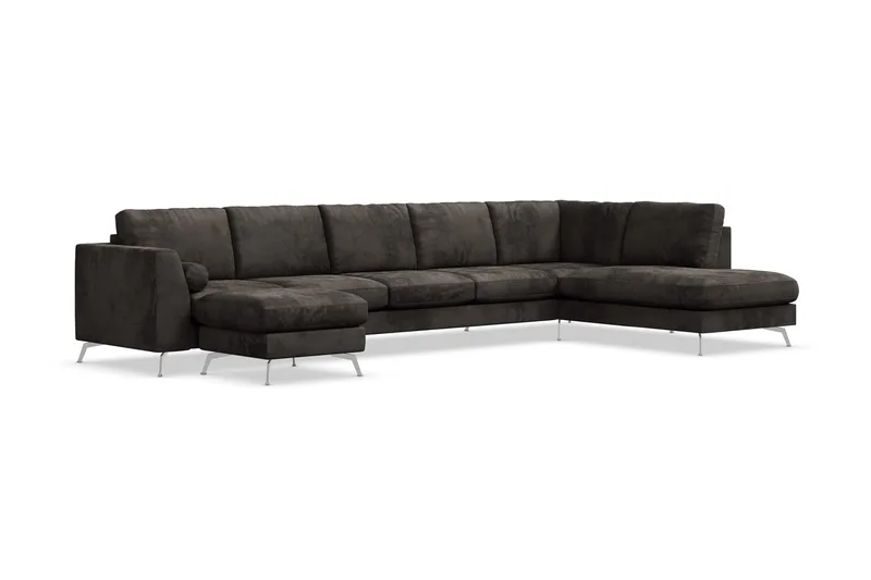 Ocean Lyx 6-seters Høyrevendt U-formet Sofa med Divan og Sjeselong + Fotskammel i Fløyel - Mørk grå - Møbler - Sofaer - U-sofa