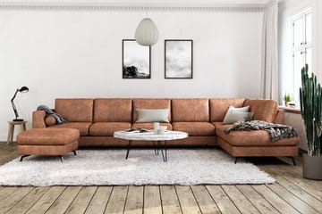 Ocean Lyx 6-seters Høyrevendt U-formet Sofa med Divan og Sjeselong + Fotskammel i Kunstlær - Brun - Møbler - Sofaer - Sofa med sjeselong