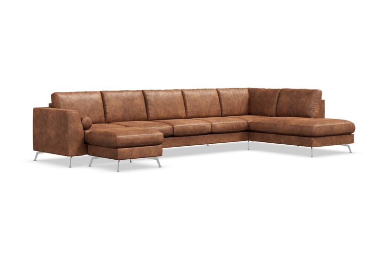 Ocean Lyx 6-seters Høyrevendt U-formet Sofa med Divan og Sjeselong + Fotskammel i Kunstlær - Brun - Møbler - Sofaer - Sofa med sjeselong
