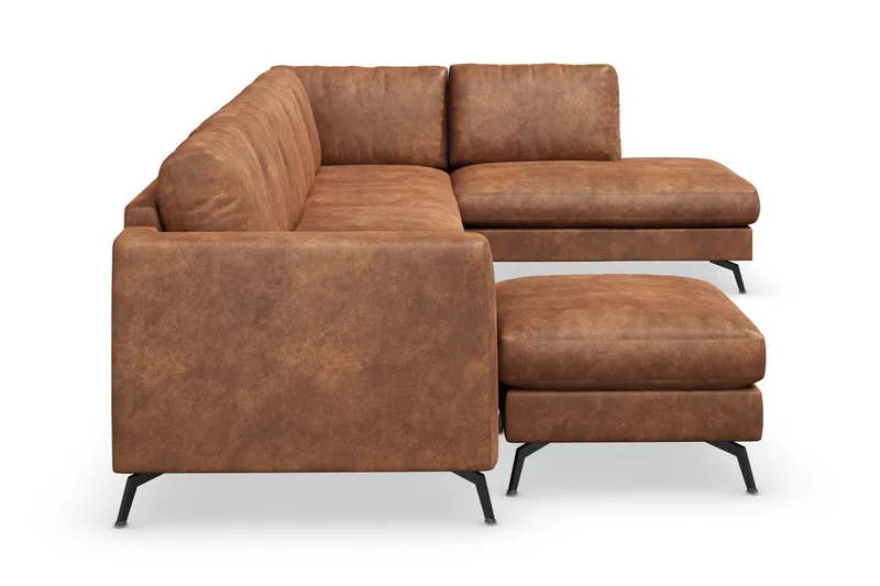 Ocean Lyx 6-seters Høyrevendt U-formet Sofa med Divan og Sjeselong + Fotskammel i Kunstlær - Brun - Møbler - Sofaer - U-sofa