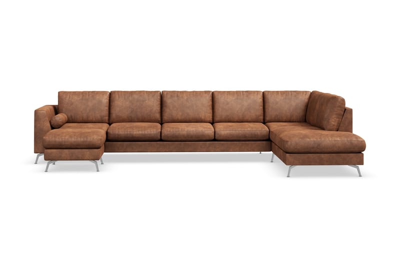 Ocean Lyx 6-seters Høyrevendt U-formet Sofa med Divan og Sjeselong + Fotskammel i Kunstlær - Brun - Møbler - Sofaer - U-sofa