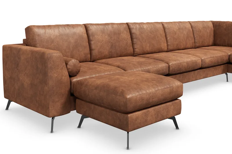 Ocean Lyx 6-seters Høyrevendt U-formet Sofa med Divan og Sjeselong + Fotskammel i Kunstlær - Brun - Møbler - Sofaer - U-sofa