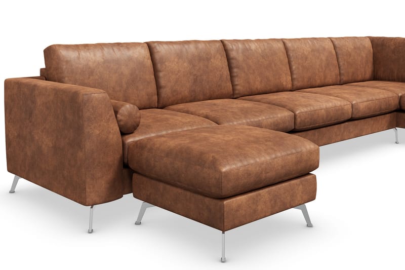 Ocean Lyx 6-seters Høyrevendt U-formet Sofa med Divan og Sjeselong + Fotskammel i Kunstlær - Brun - Møbler - Sofaer - U-sofa