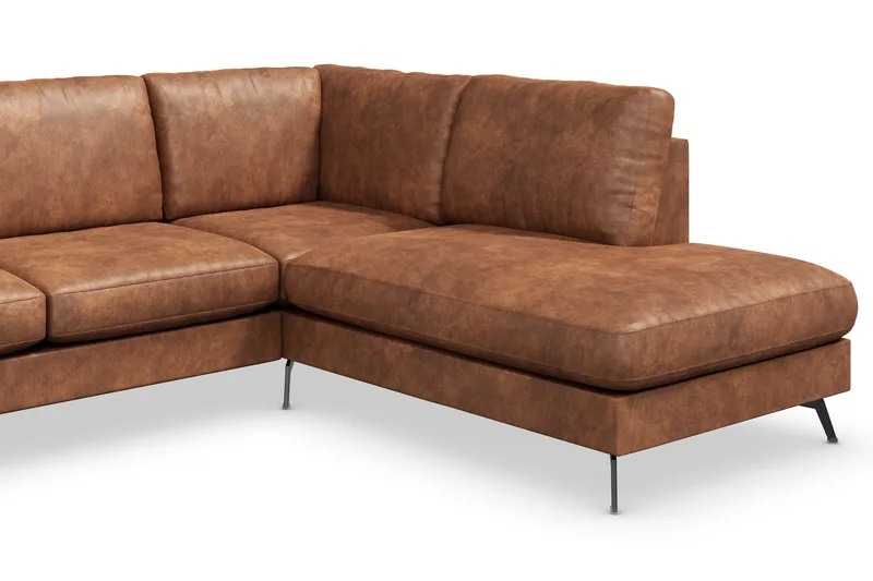 Ocean Lyx 6-seters Høyrevendt U-formet Sofa med Divan og Sjeselong + Fotskammel i Kunstlær - Brun - Møbler - Sofaer - U-sofa