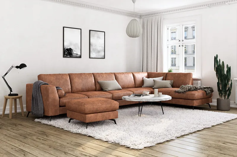 Ocean Lyx 6-seters Høyrevendt U-formet Sofa med Divan og Sjeselong + Fotskammel i Kunstlær - Brun - Møbler - Sofaer - U-sofa