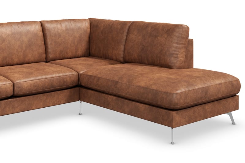 Ocean Lyx 6-seters Høyrevendt U-formet Sofa med Divan og Sjeselong + Fotskammel i Kunstlær - Brun - Møbler - Sofaer - U-sofa