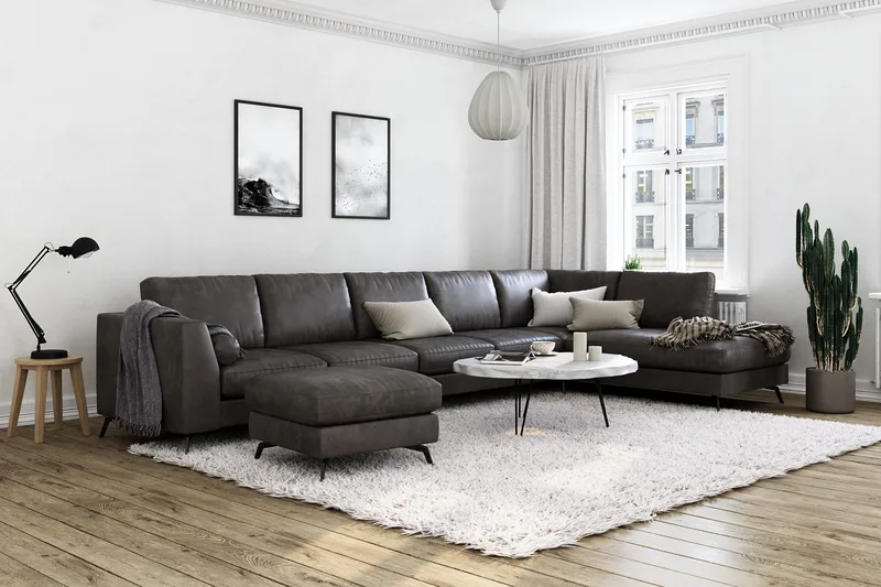 Ocean Lyx 6-seters Høyrevendt U-formet Sofa med Divan og Sjeselong + Fotskammel i Kunstlær - Mørk grå - Møbler - Sofaer - U-sofa