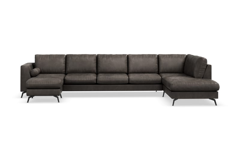 Ocean Lyx 6-seters Høyrevendt U-formet Sofa med Divan og Sjeselong + Fotskammel i Kunstlær - Mørk grå - Møbler - Sofaer - Sofa med sjeselong