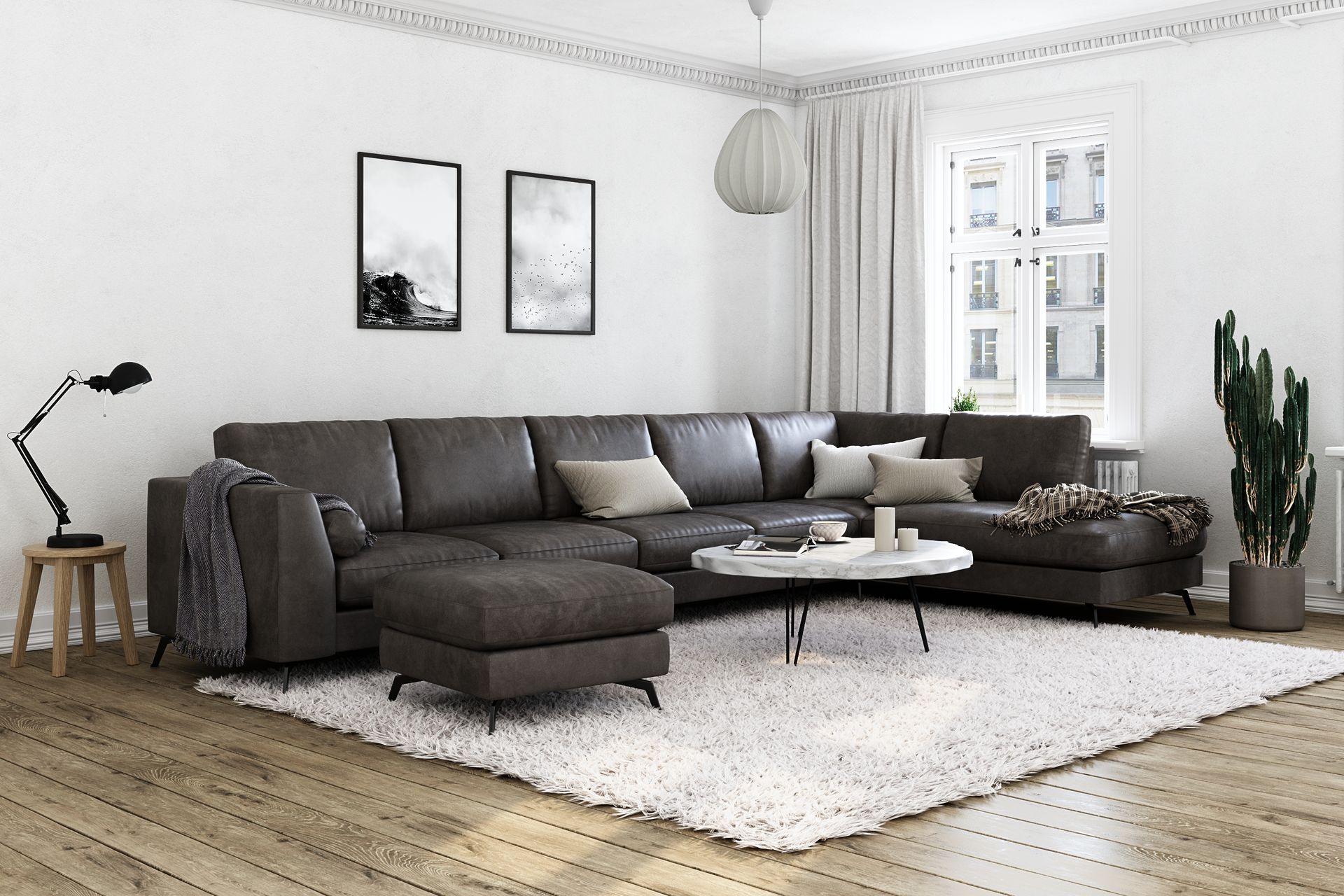 Ocean Lyx 6-seters Høyrevendt U-formet Sofa med Divan og Sjeselong + Fotskammel i Kunstlær - Mørk grå - Møbler - Sofaer - Sofa med sjeselong