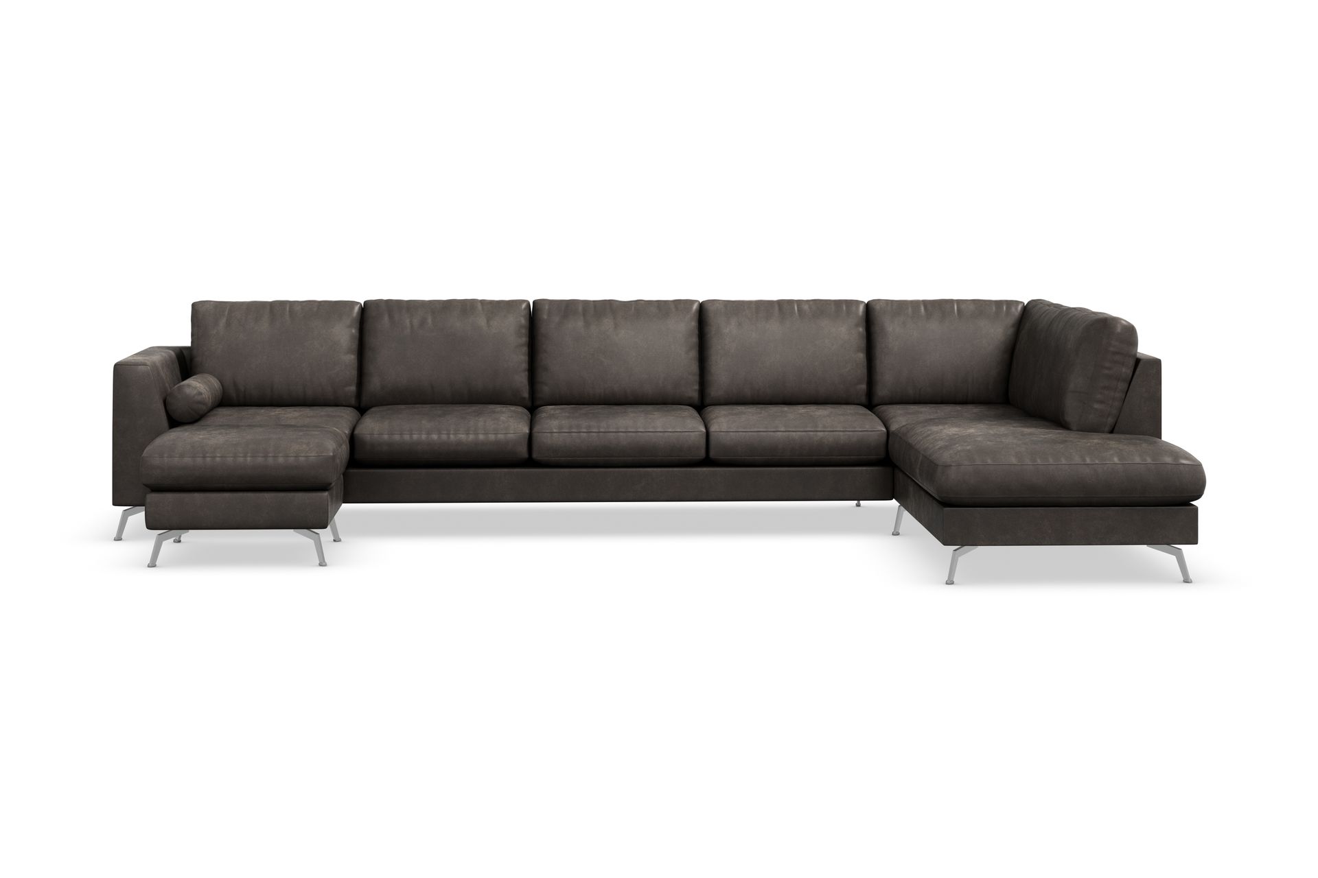 Ocean Lyx 6-seters Høyrevendt U-formet Sofa med Divan og Sjeselong + Fotskammel i Kunstlær - Mørk grå - Møbler - Sofaer - Sofa med sjeselong