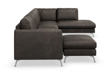 Ocean Lyx 6-seters Høyrevendt U-formet Sofa med Divan og Sjeselong + Fotskammel i Kunstlær - Mørk grå - Møbler - Sofaer - Sofa med sjeselong