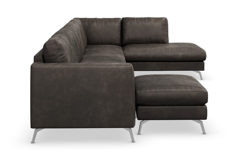 Ocean Lyx 6-seters Høyrevendt U-formet Sofa med Divan og Sjeselong + Fotskammel i Kunstlær - Mørk grå - Møbler - Sofaer - Sofa med sjeselong