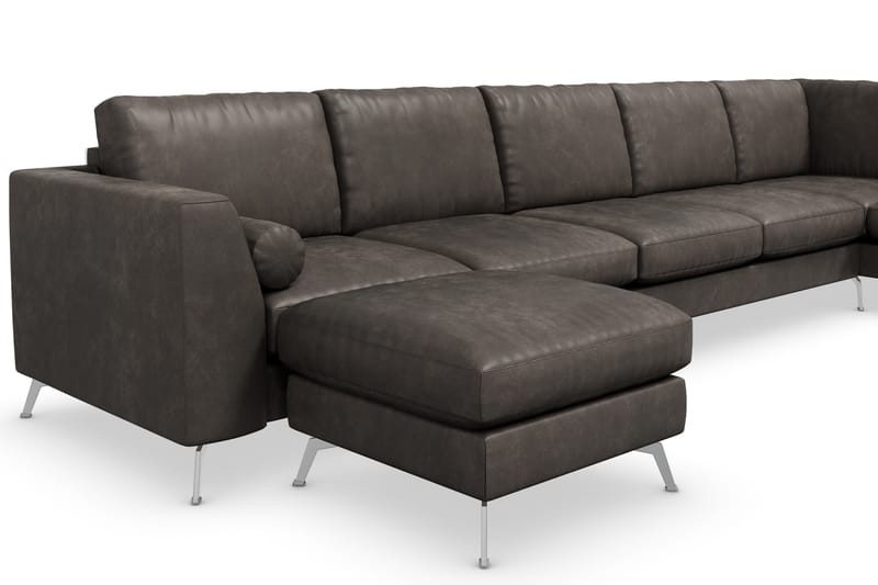 Ocean Lyx 6-seters Høyrevendt U-formet Sofa med Divan og Sjeselong + Fotskammel i Kunstlær - Mørk grå - Møbler - Sofaer - Sofa med sjeselong