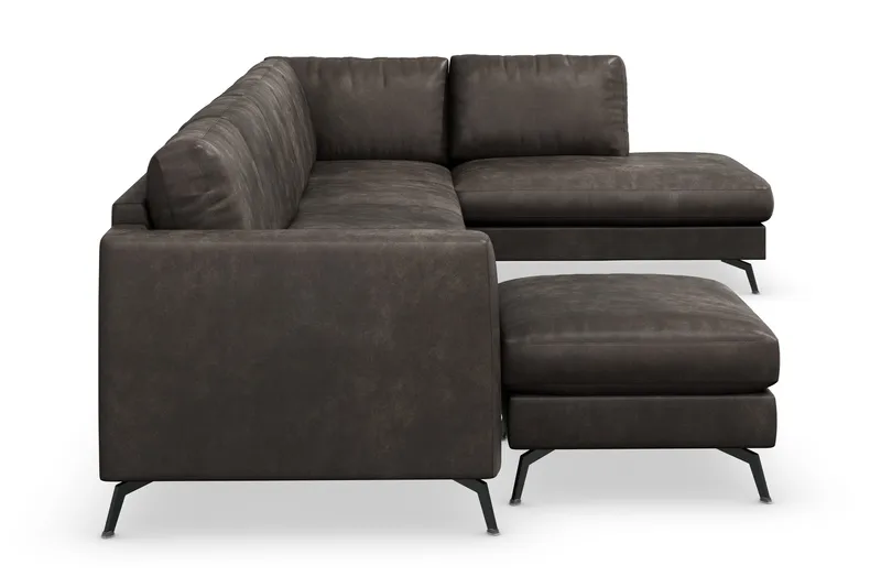 Ocean Lyx 6-seters Høyrevendt U-formet Sofa med Divan og Sjeselong + Fotskammel i Kunstlær - Mørk grå - Møbler - Sofaer - U-sofa
