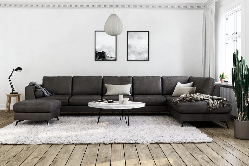 Ocean Lyx 6-seters Høyrevendt U-formet Sofa med Divan og Sjeselong + Fotskammel i Kunstlær - Mørk grå - Møbler - Sofaer - U-sofa