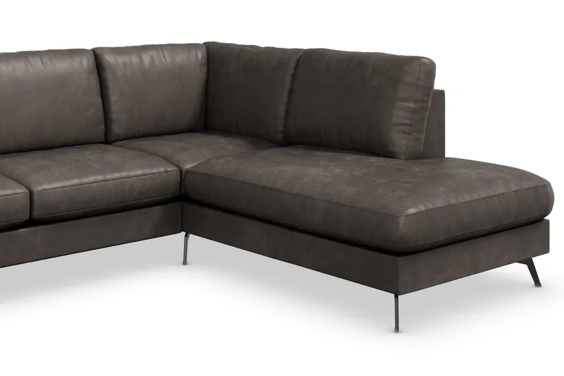 Ocean Lyx 6-seters Høyrevendt U-formet Sofa med Divan og Sjeselong + Fotskammel i Kunstlær - Mørk grå - Møbler - Sofaer - U-sofa