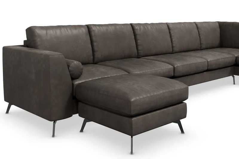 Ocean Lyx 6-seters Høyrevendt U-formet Sofa med Divan og Sjeselong + Fotskammel i Kunstlær - Mørk grå - Møbler - Sofaer - U-sofa
