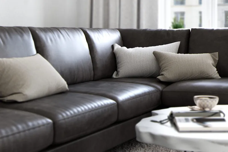 Ocean Lyx 6-seters Høyrevendt U-formet Sofa med Divan og Sjeselong + Fotskammel i Kunstlær - Mørk grå - Møbler - Sofaer - U-sofa