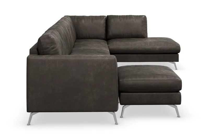 Ocean Lyx 6-seters Høyrevendt U-formet Sofa med Divan og Sjeselong + Fotskammel i Kunstlær - Mørk grå - Møbler - Sofaer - U-sofa