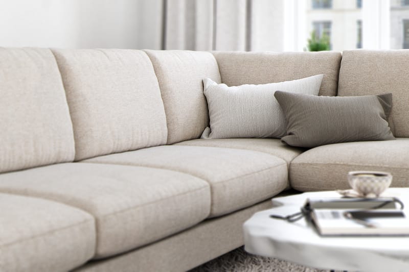 Ocean Lyx 6-seters Høyrevendt U-formet Sofa med Divan og Sjeselong + Fotskammel i Stoff - Beige - Møbler - Sofaer - Sofa med sjeselong