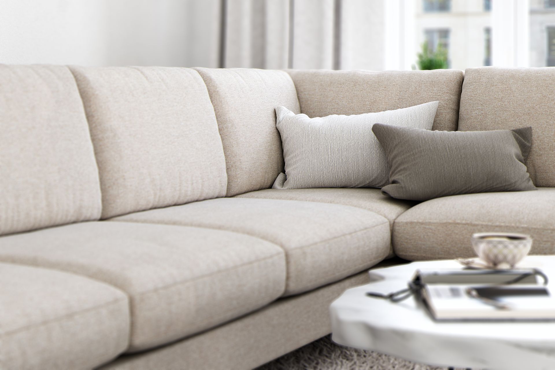 Ocean Lyx 6-seters Høyrevendt U-formet Sofa med Divan og Sjeselong + Fotskammel i Stoff - Beige - Møbler - Sofaer - Sofa med sjeselong
