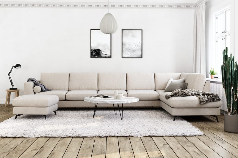 Ocean Lyx 6-seters Høyrevendt U-formet Sofa med Divan og Sjeselong + Fotskammel i Stoff - Beige - Møbler - Sofaer - Sofa med sjeselong