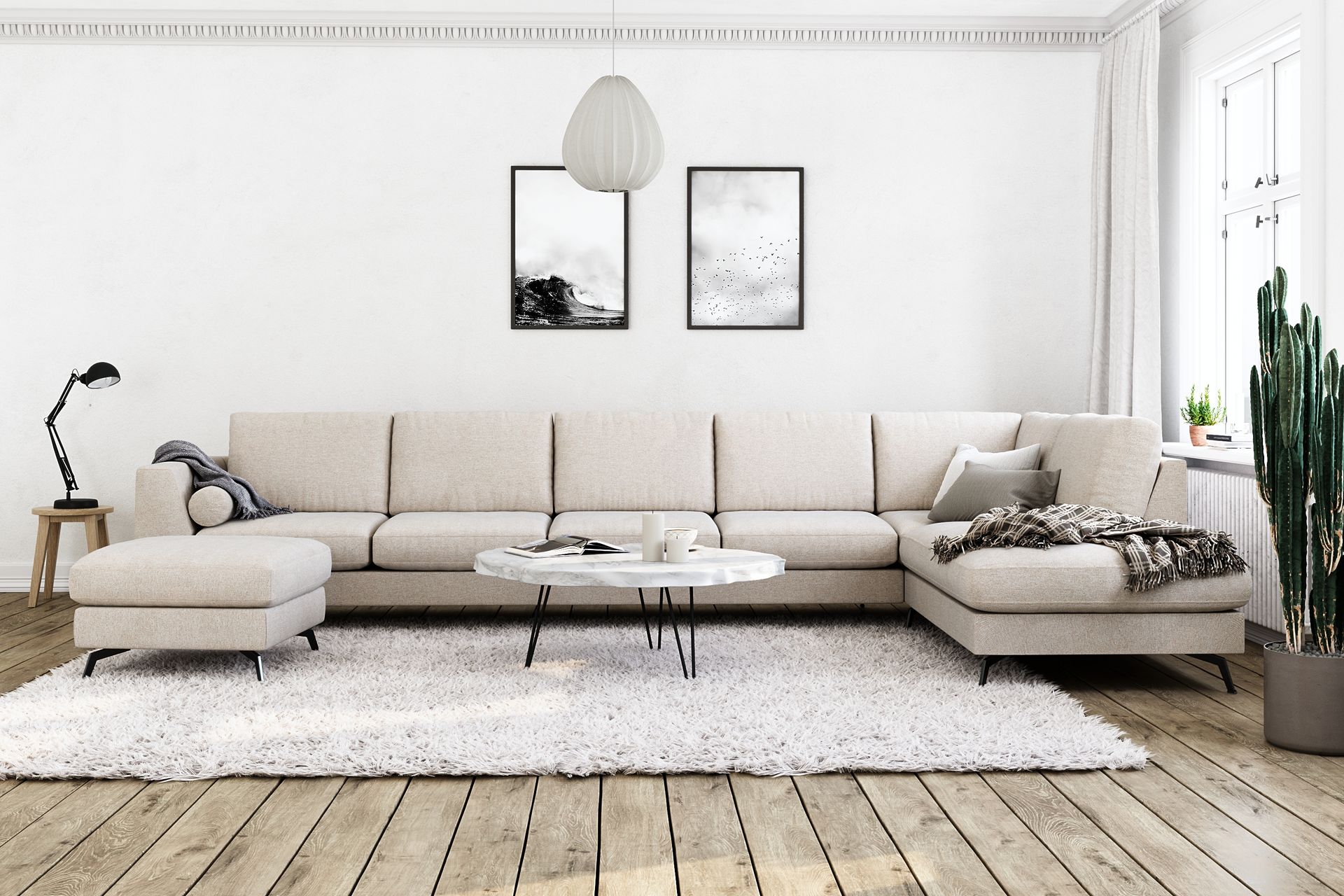 Ocean Lyx 6-seters Høyrevendt U-formet Sofa med Divan og Sjeselong + Fotskammel i Stoff - Beige - Møbler - Sofaer - Sofa med sjeselong