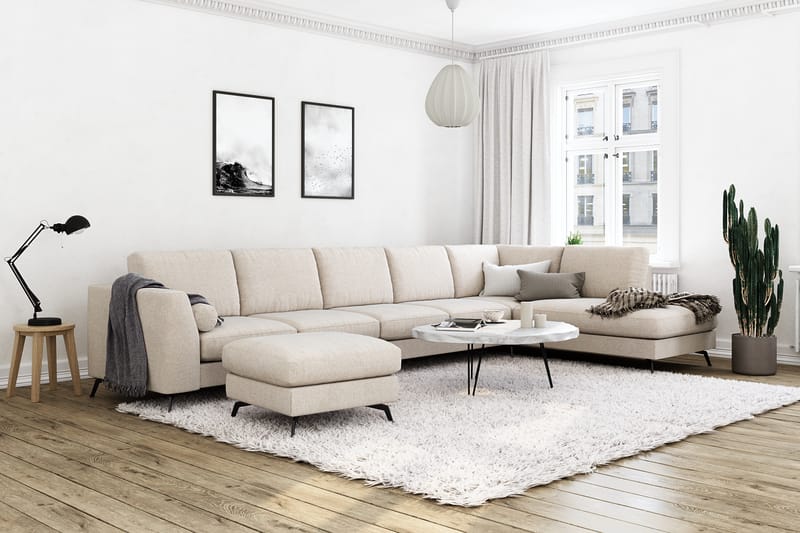 Ocean Lyx 6-seters Høyrevendt U-formet Sofa med Divan og Sjeselong + Fotskammel i Stoff - Beige - Møbler - Sofaer - Sofa med sjeselong