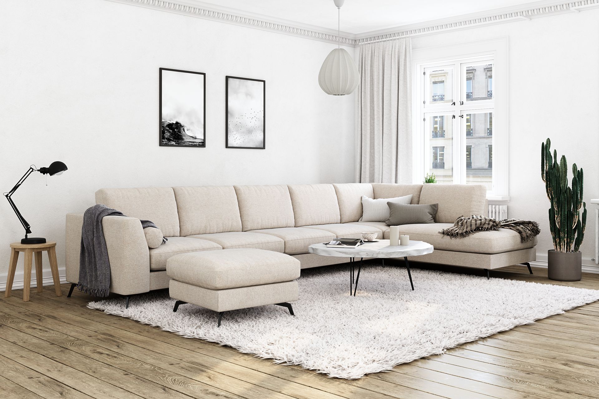 Ocean Lyx 6-seters Høyrevendt U-formet Sofa med Divan og Sjeselong + Fotskammel i Stoff - Beige - Møbler - Sofaer - Sofa med sjeselong