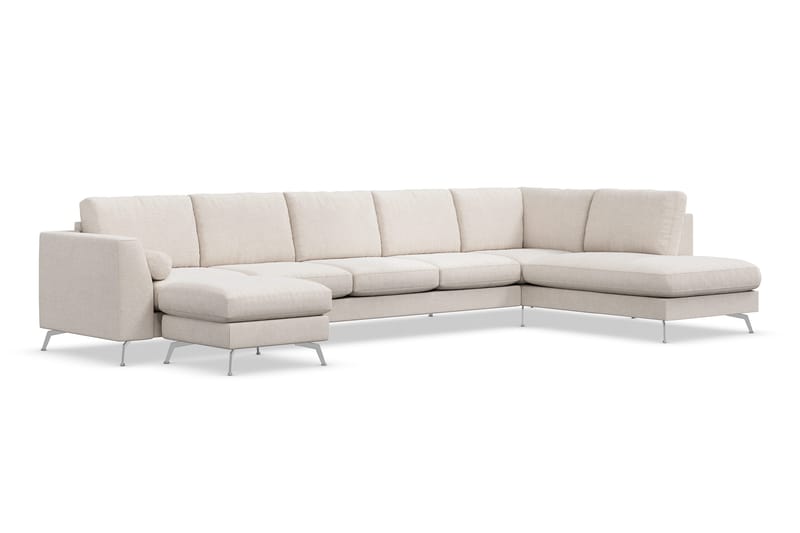 Ocean Lyx 6-seters Høyrevendt U-formet Sofa med Divan og Sjeselong + Fotskammel i Stoff - Beige - Møbler - Sofaer - U-sofa
