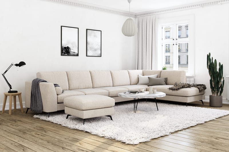 Ocean Lyx 6-seters Høyrevendt U-formet Sofa med Divan og Sjeselong + Fotskammel i Stoff - Beige - Møbler - Sofaer - U-sofa
