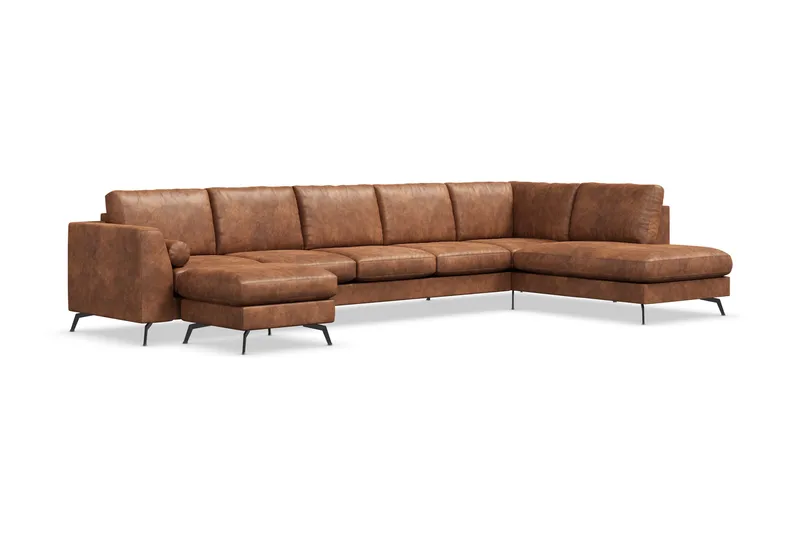 Ocean Lyx 6-seters Høyrevendt U-formet Sofa med Divan og Sjeselong + Fotskammel i Kunstlær - Brun - Møbler - Sofaer - U-sofa
