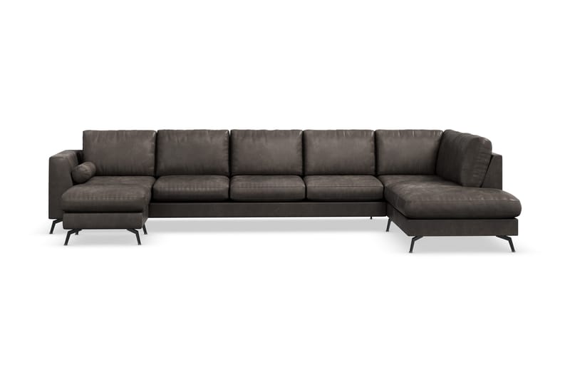 Ocean Lyx 6-seters Høyrevendt U-formet Sofa med Divan og Sjeselong + Fotskammel i Kunstlær, Mørk grå