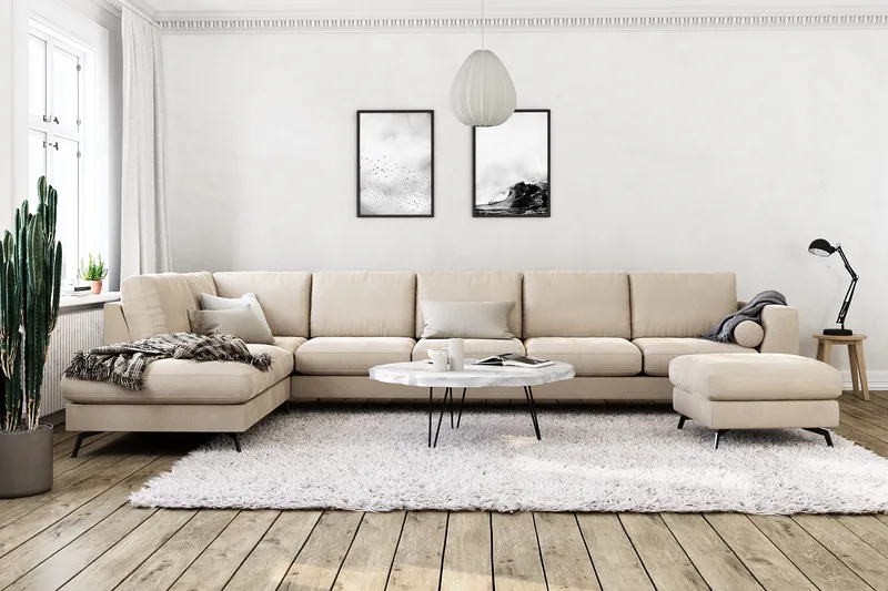 Ocean Lyx 6-seters Venstrevendt U-formet Sofa med Divan og Sjeselong + Fotskammel i Fløyel - Beige - Møbler - Sofaer - Sofa med sjeselong