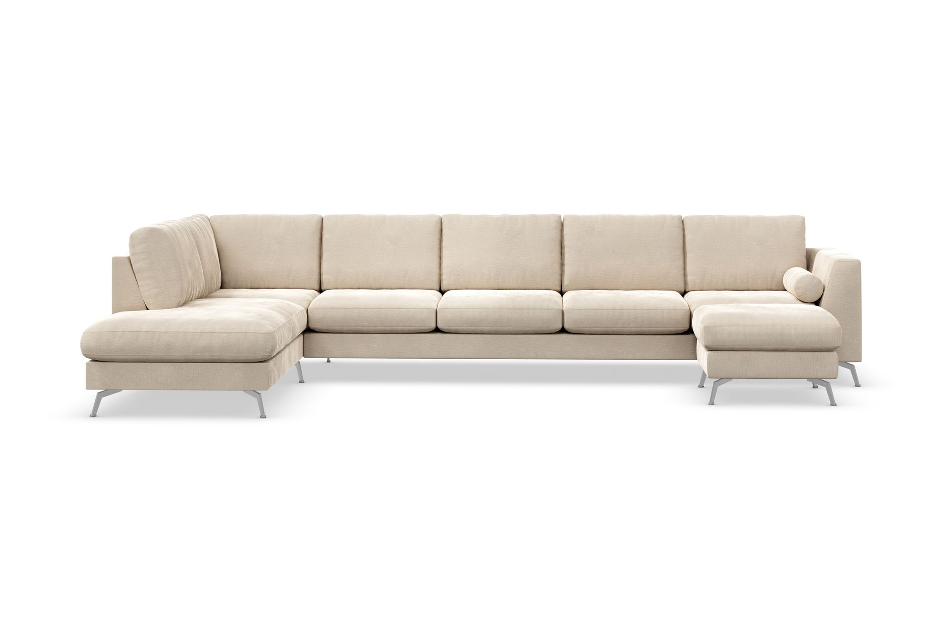 Ocean Lyx 6-seters Venstrevendt U-formet Sofa med Divan og Sjeselong + Fotskammel i Fløyel - Beige - Møbler - Sofaer - Sofa med sjeselong