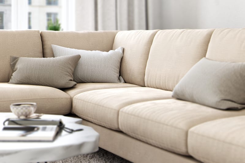 Ocean Lyx 6-seters Venstrevendt U-formet Sofa med Divan og Sjeselong + Fotskammel i Fløyel - Beige - Møbler - Sofaer - Sofa med sjeselong